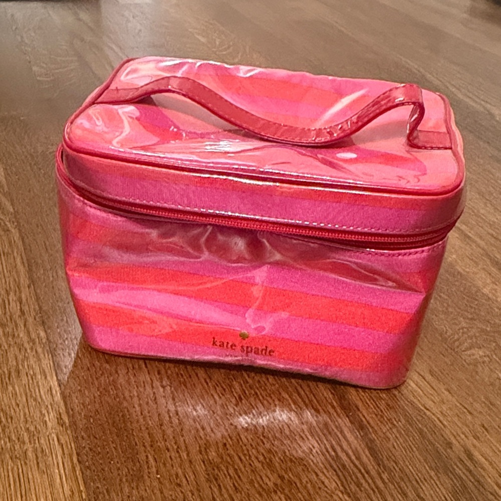 kate spade Glossy Pink and Coral Striped Vinyl Travel Pouch (small)